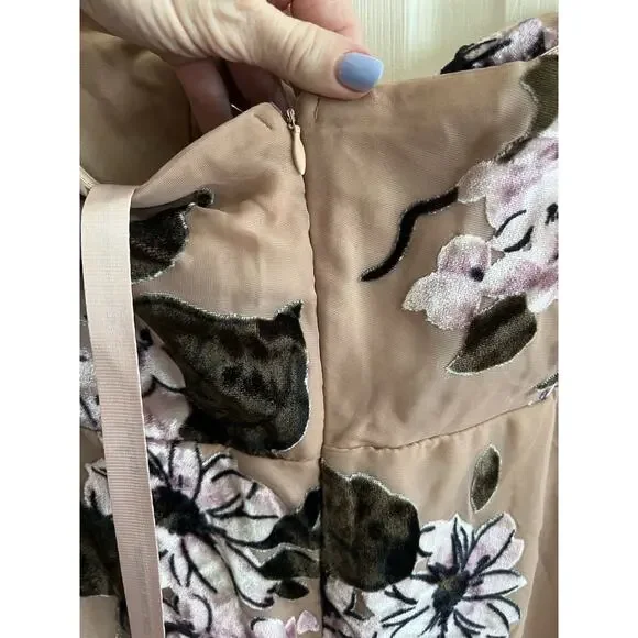 LULUS Chelisa Beige Velvet Floral Ruffled Bustier Strapless Maxi Dress Sz S NWT - Picture 9 of 14